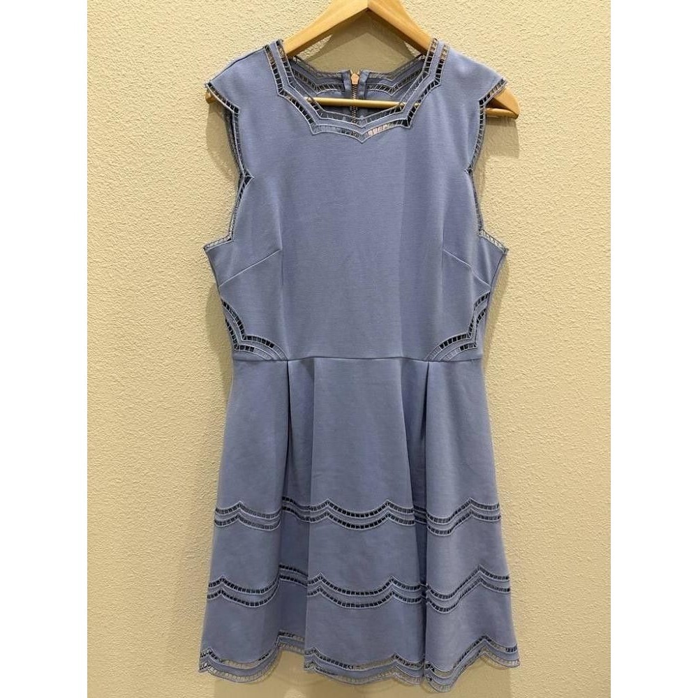 Ted Baker Cammey Embroidered Tiered Skater Dress Blue Size 4 US 10 Rose Gold Zip